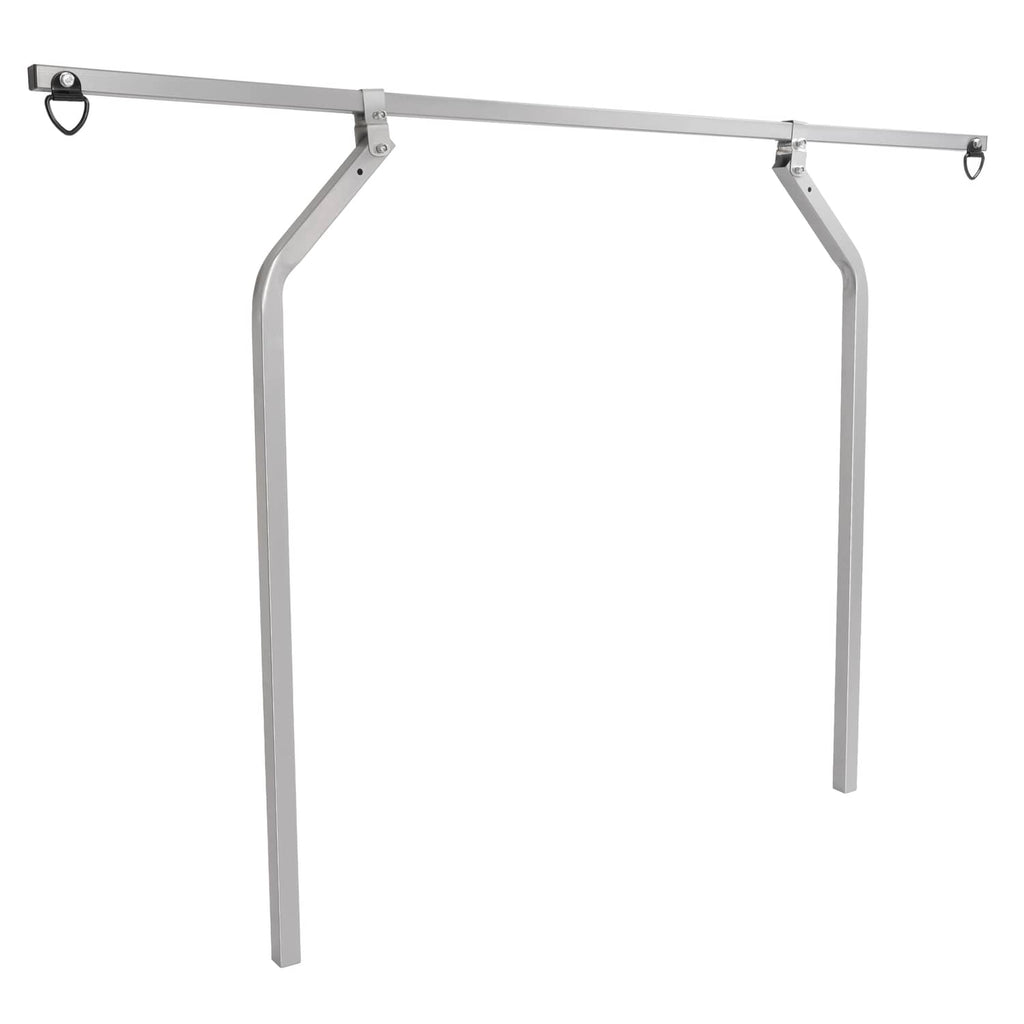 Universal trailer cross bar frame with top rail, support legs, and hanging hooks