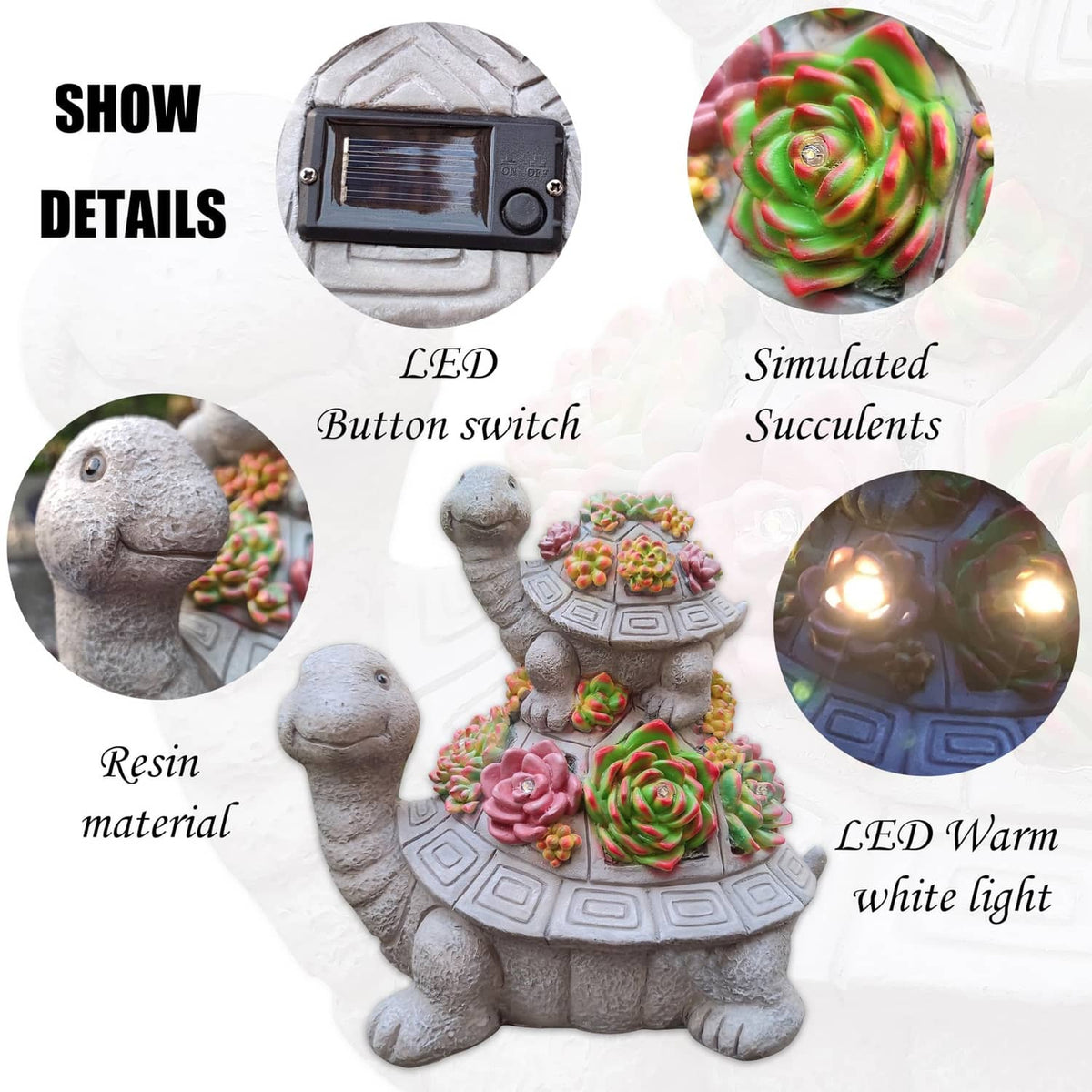 Solar tortoise garden lantern with solar panel and LED button switch detail