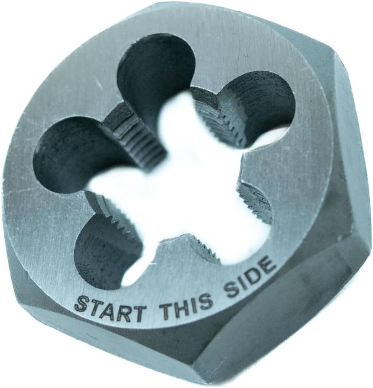 Hex external threading die with five lobes and visible thread grooves