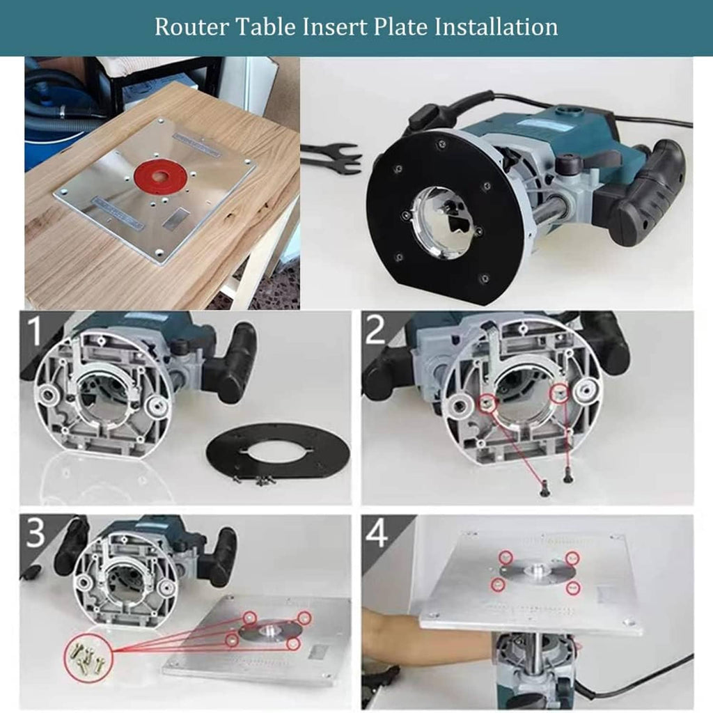 Router table insert plate installation steps showing mounted plate and router setup