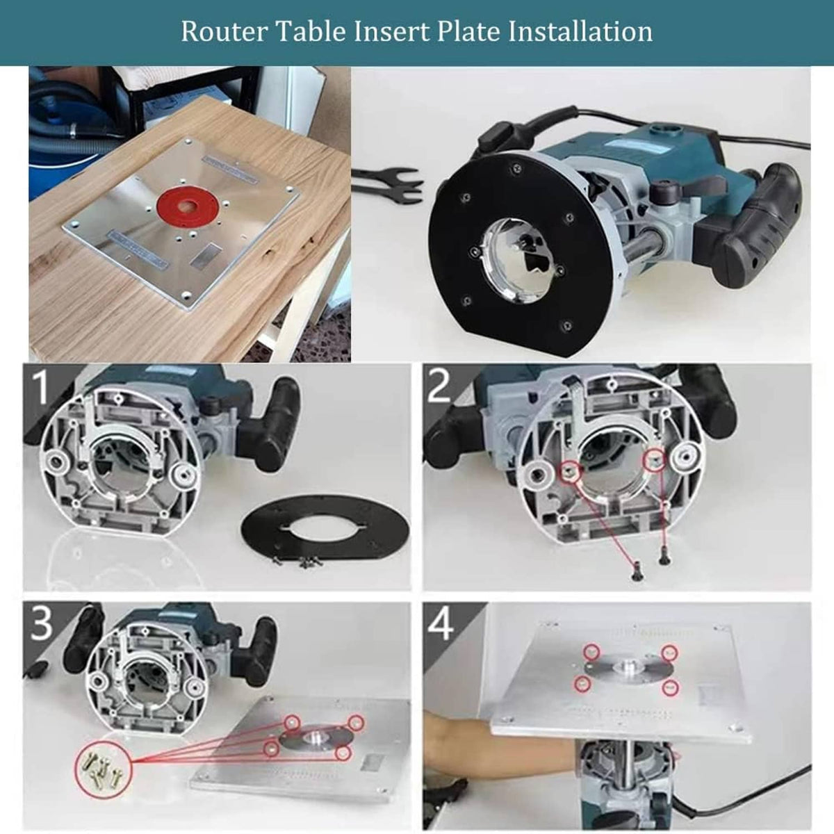 Router table insert plate installation steps showing mounted plate and router setup
