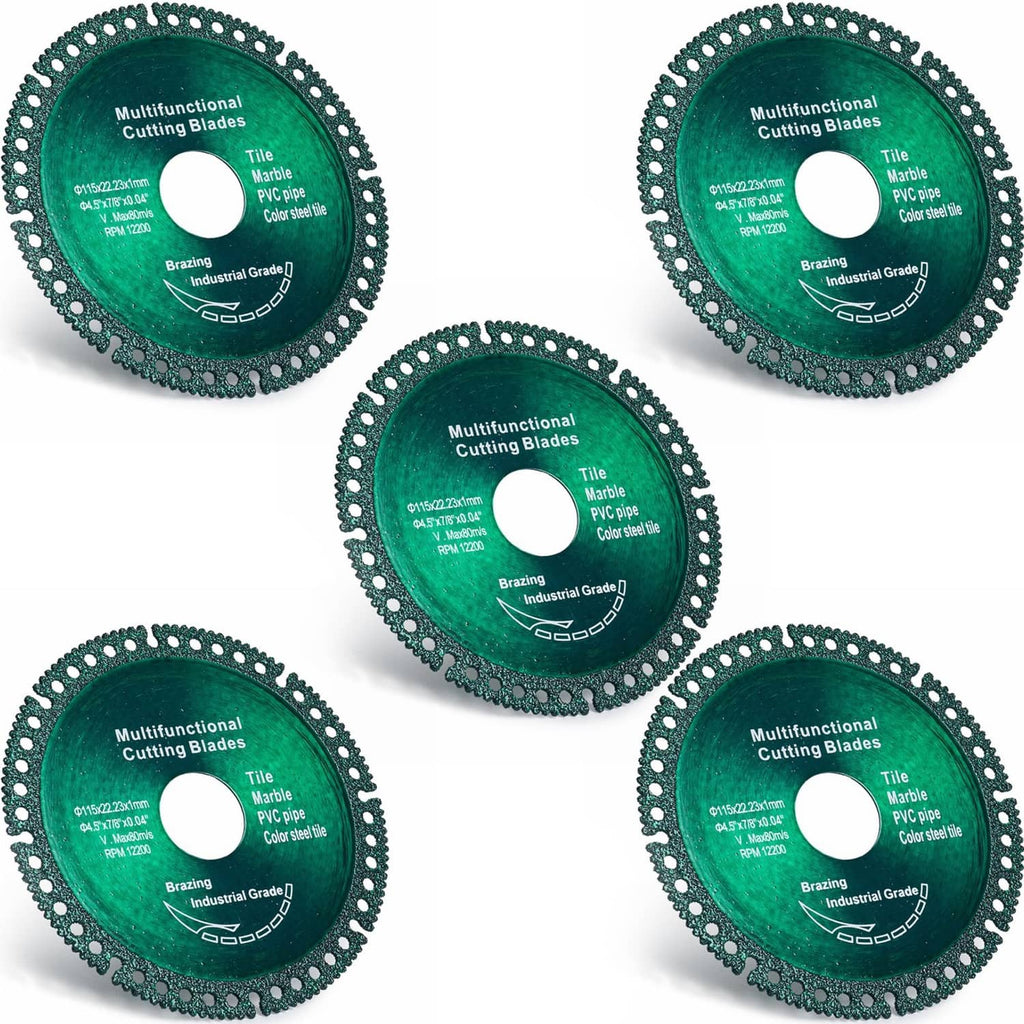 Green diamond cutting disc set (5-pack), 4.5 in (115 mm), serrated edge and center hole