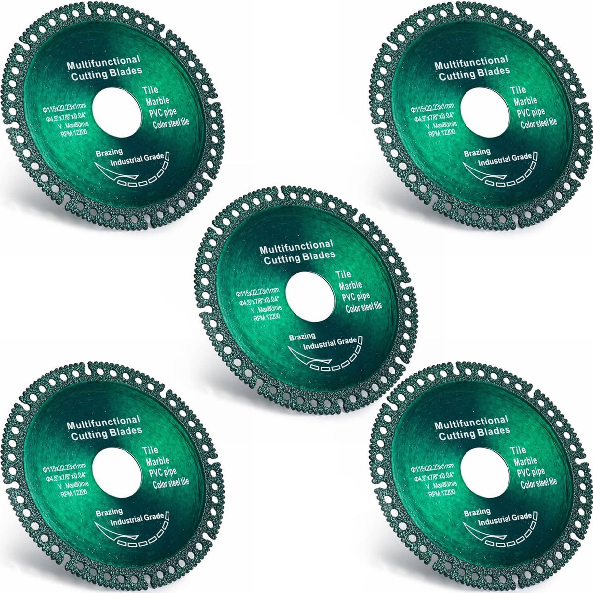 Green diamond cutting disc set (5-pack), 4.5 in (115 mm), serrated edge and center hole