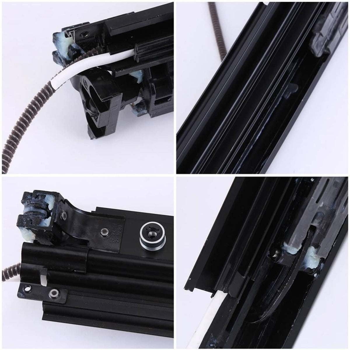 Sunroof sliding track close-up showing rail surfaces, brackets, and cable routing