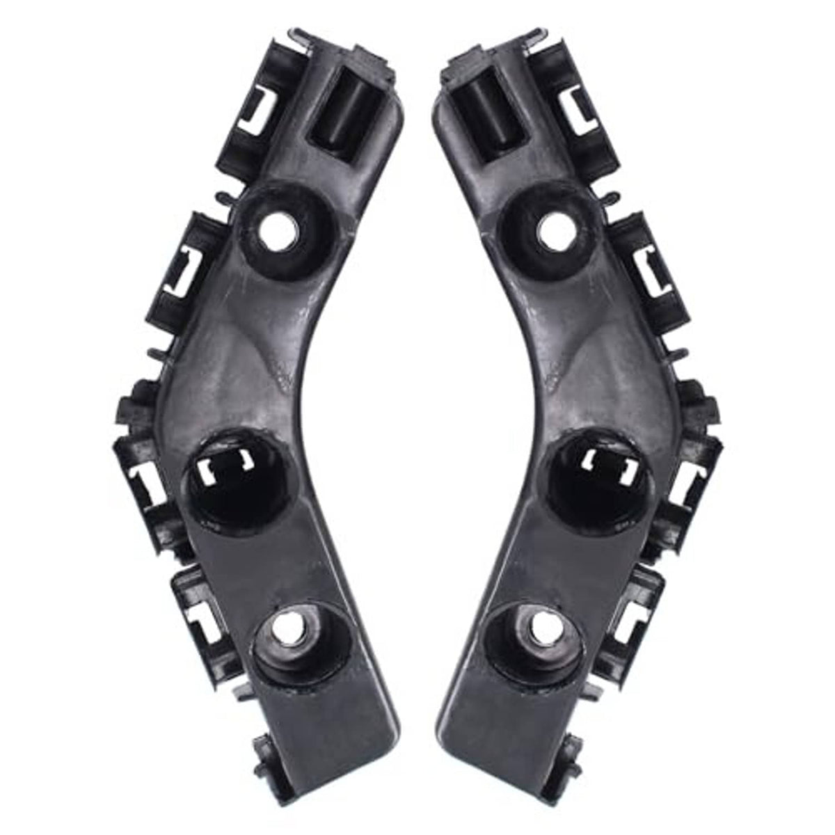 Pair of dark gray bumper retainer brackets with circular sockets and bolt holes