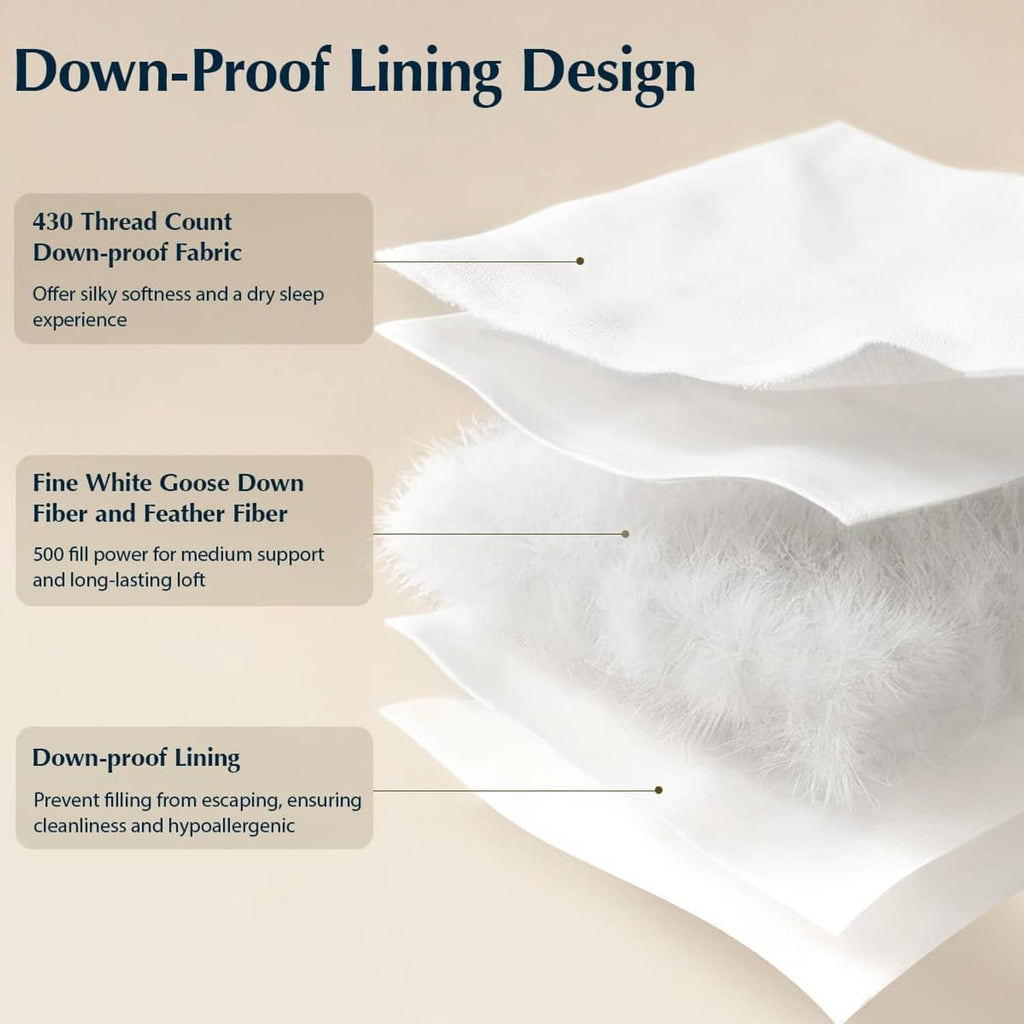 White down-proof lined pillow showing inner down cluster and sealed baffles
