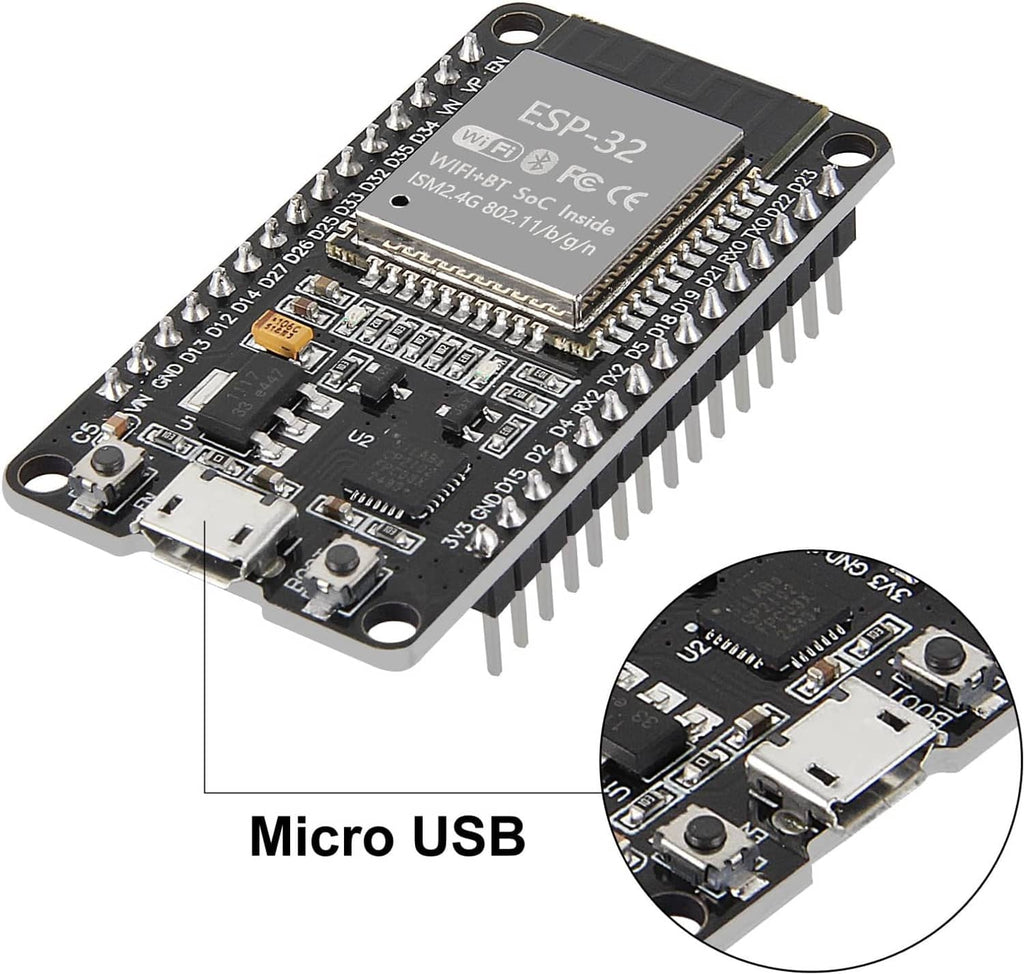 ESP-32 dev board with Micro USB connector and long pin header rows