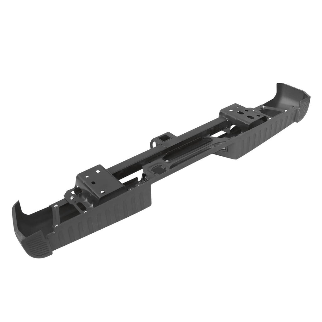 Black rear bumper step mounting frame with textured ends and cutout plates