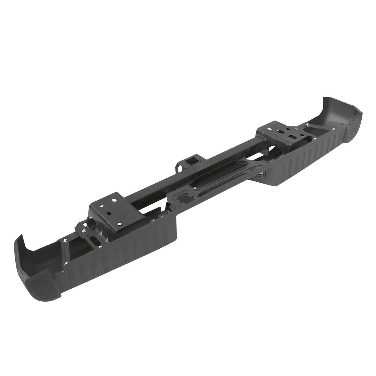 Black rear bumper step mounting frame with textured ends and cutout plates