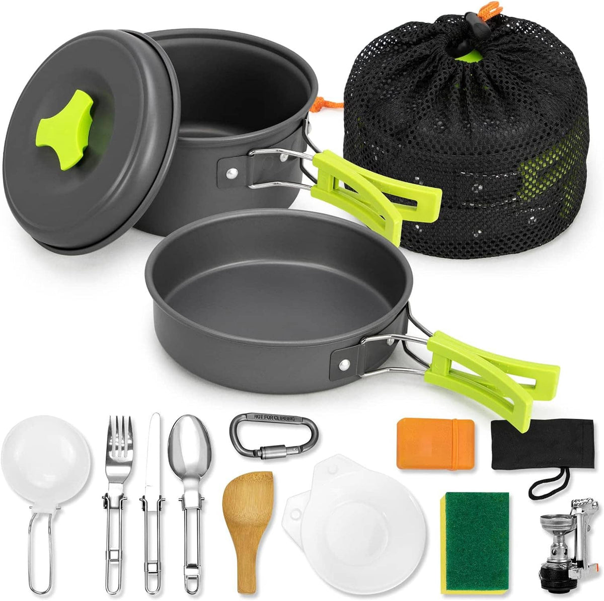Gray nonstick camping pots set with bright green handles, utensils, and black mesh storage bag