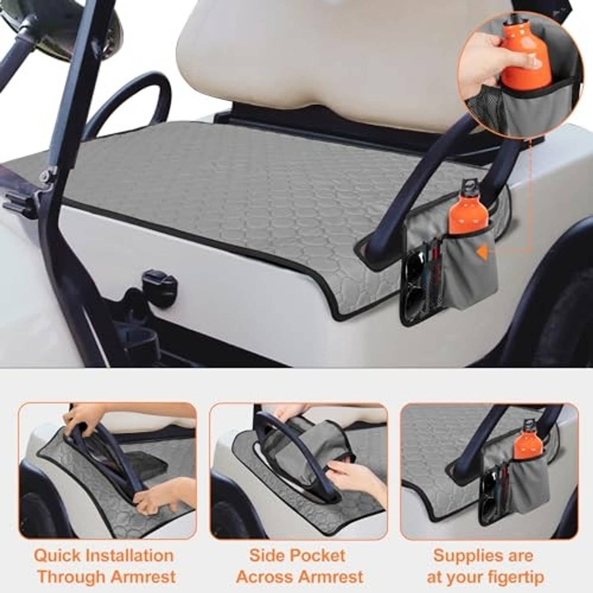 Grey golf cart seat towel blanket with side pocket holding an orange bottle