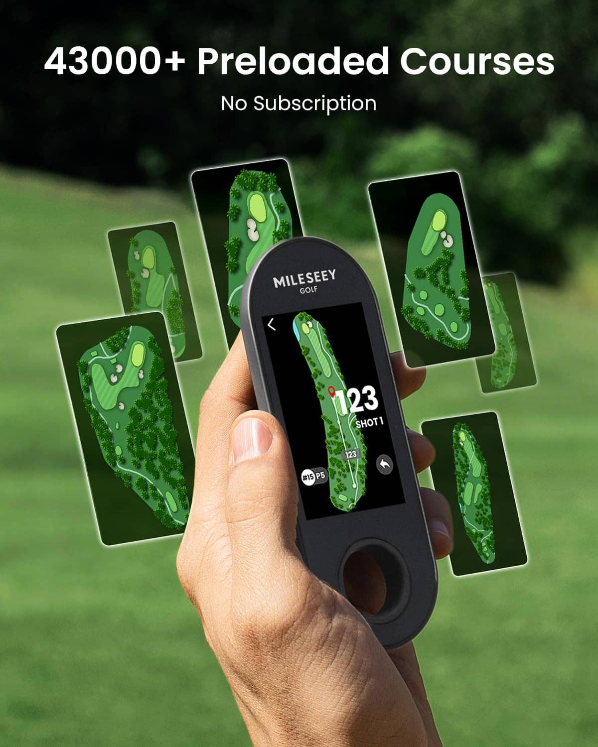 Handheld golf GPS speaker showing preloaded course course cards on screen