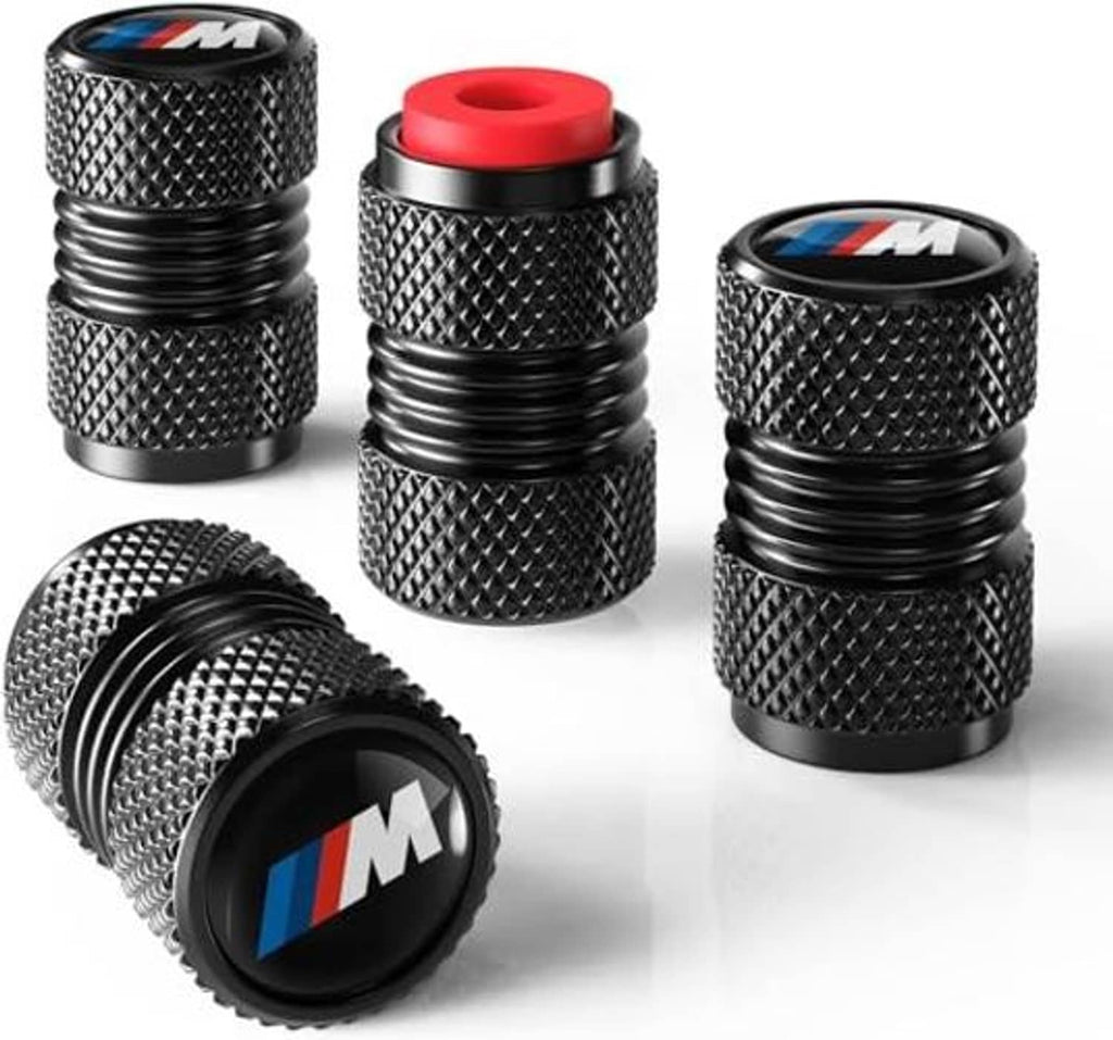 Set of black knurled tire valve stem caps with blue red M emblem, 4-pack