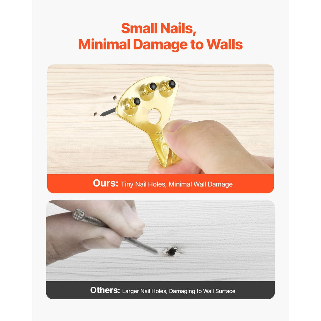 Gold metal hanging hook with two small nail points for minimal wall damage