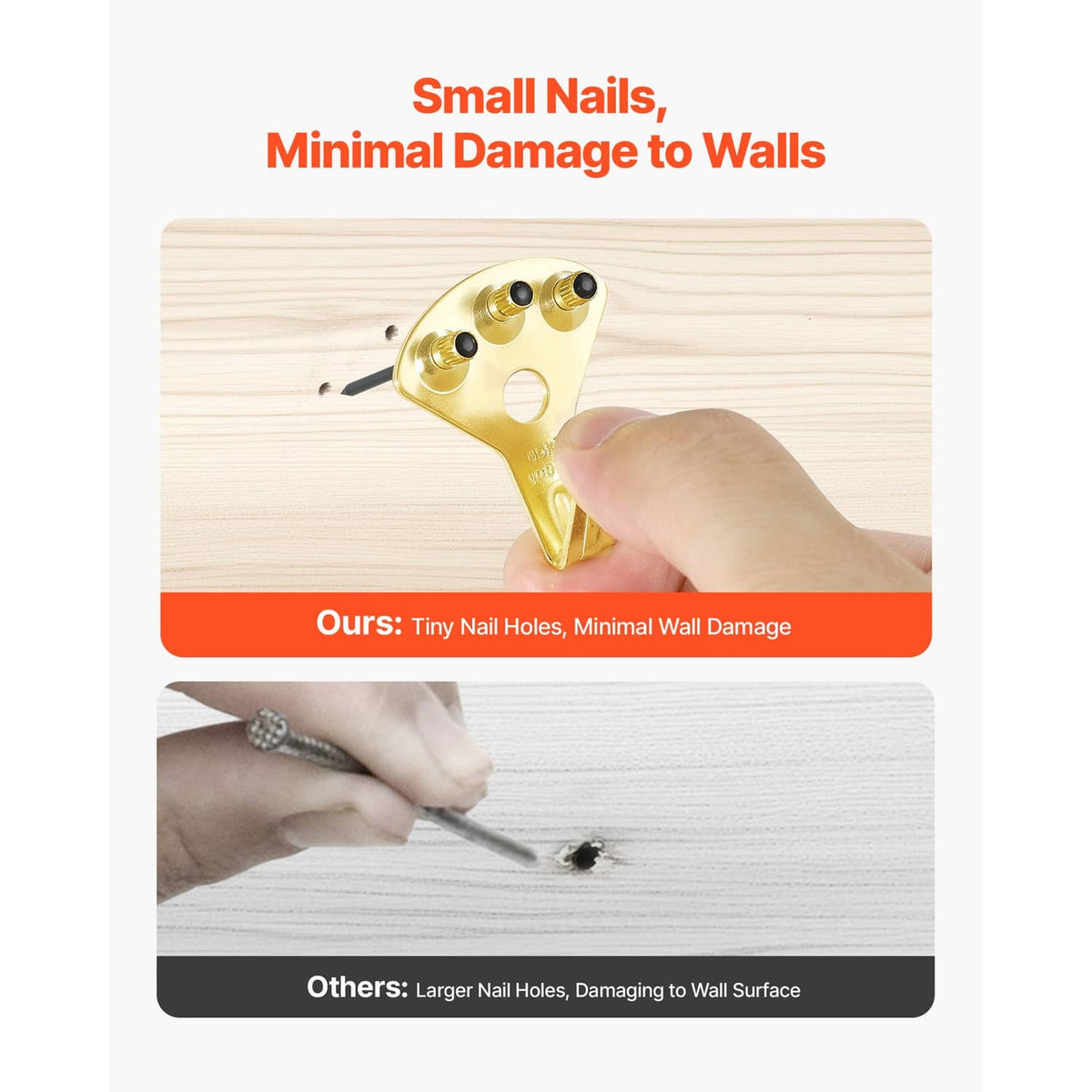 Gold metal hanging hook with two small nail points for minimal wall damage