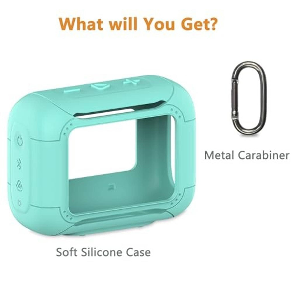 Teal silicone speaker cover case with front window cutout and metal carabiner clip