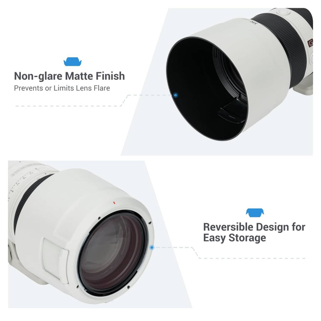 Matte white lens hood exterior with black interior opening on a telephoto lens