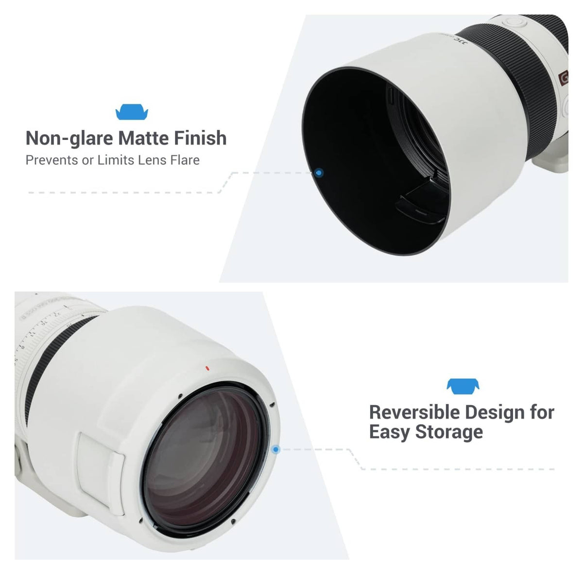 Matte white lens hood exterior with black interior opening on a telephoto lens