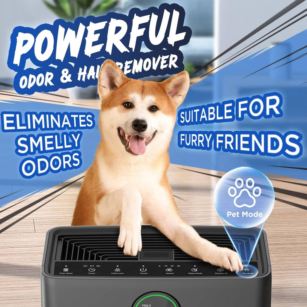 Grey MOOKA air purifier on a tabletop with top grille