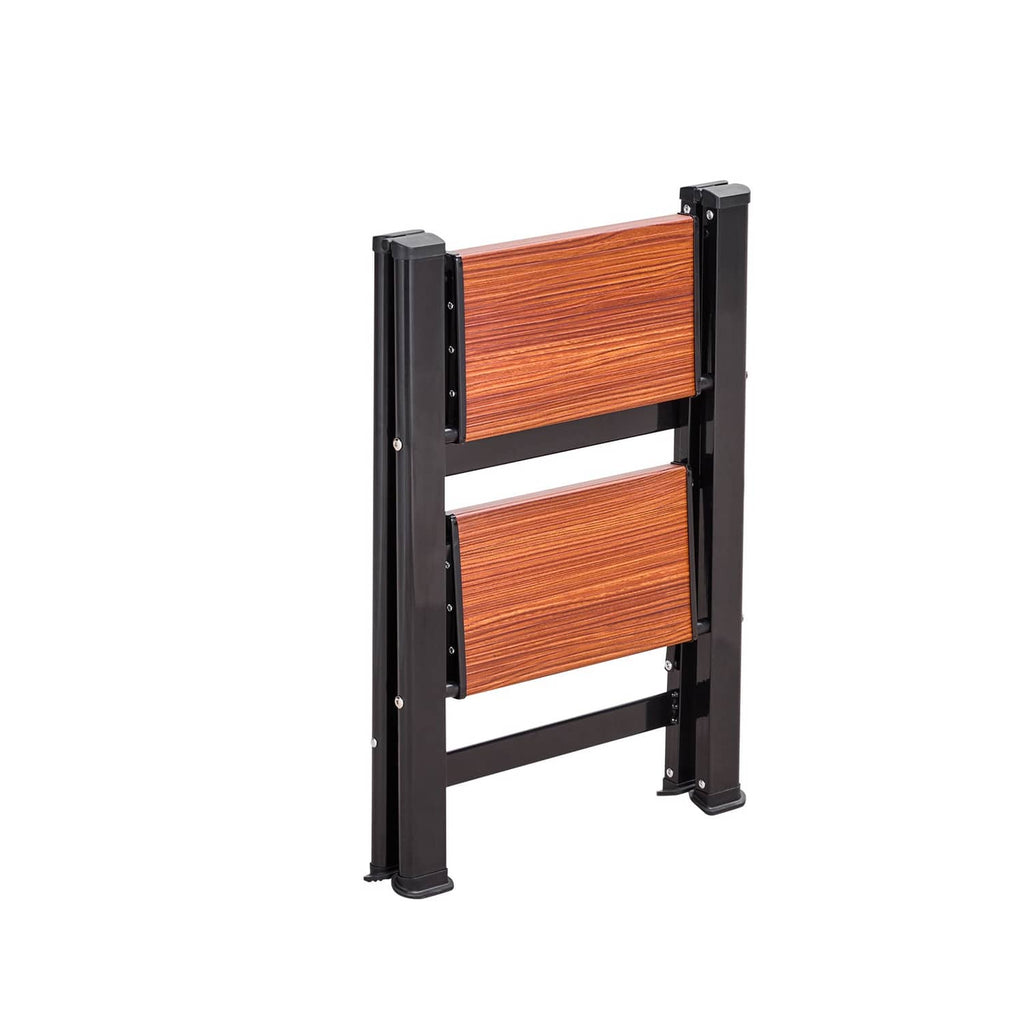 2-step ladder front view with two wide brown wooden steps and dark side rails