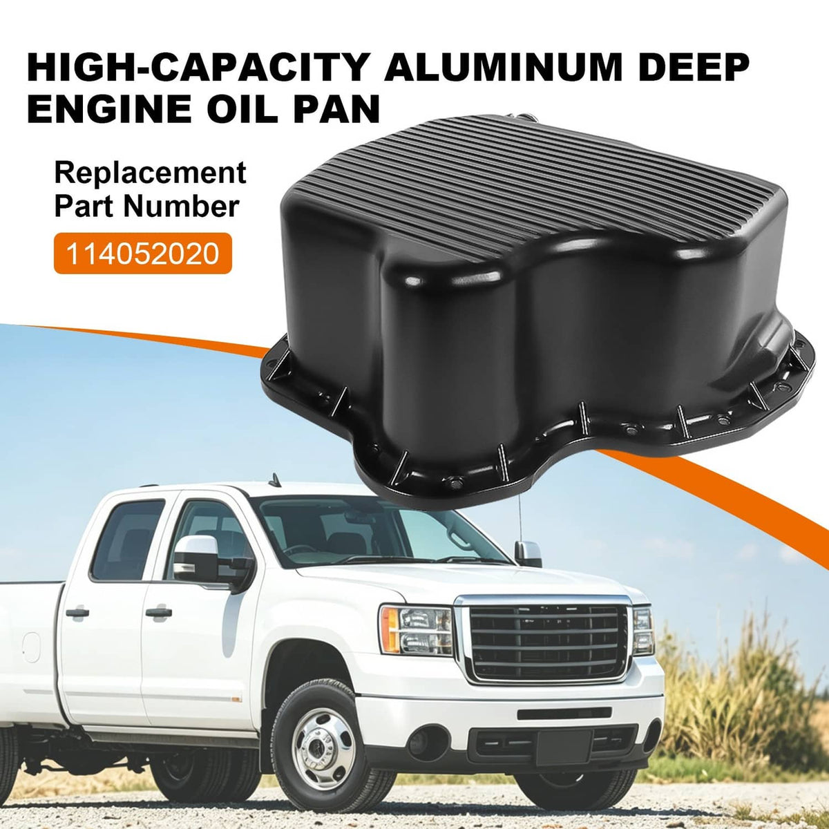 Black deep engine oil pan with ribbed top and side flanges, complete replacement kit