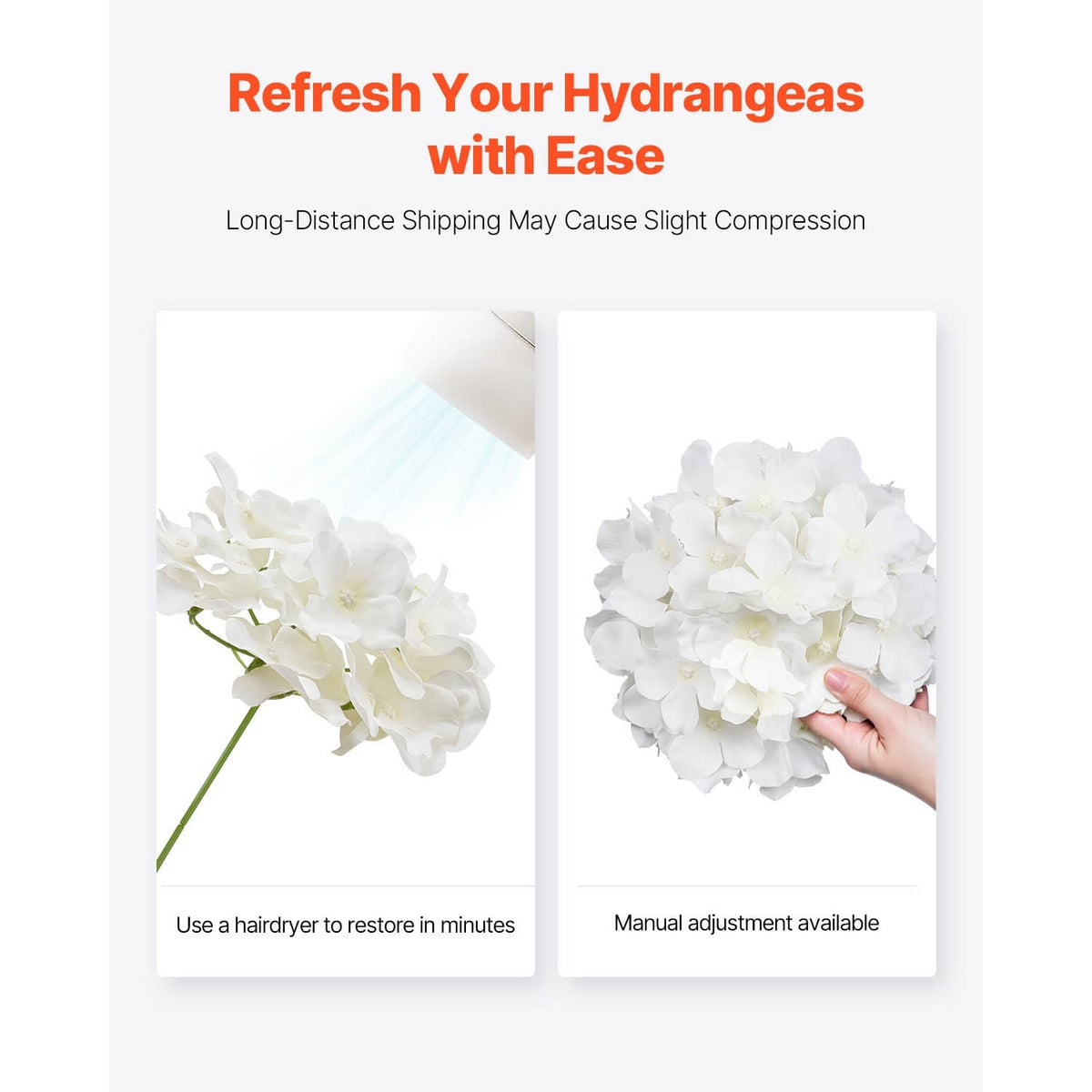 White artificial hydrangea flower bouquet held by hand, clustered petals