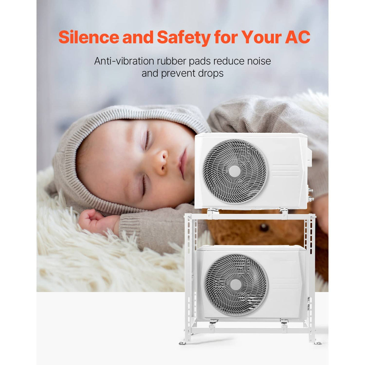 White dual-level mini split stand with anti-vibration rubber pads under AC units