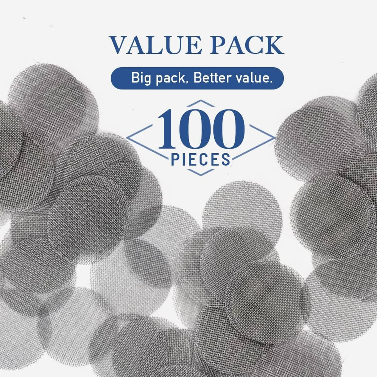 100-pack stainless steel pipe screens, gray round mesh discs.