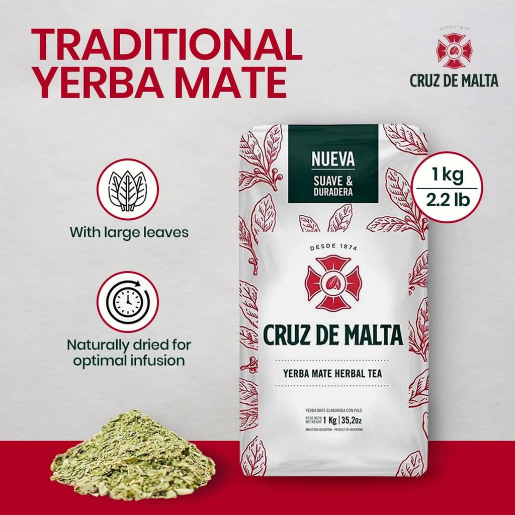 Cruz de Malta yerba mate loose-leaf tea pouch with pile of green leaves, 1 kg