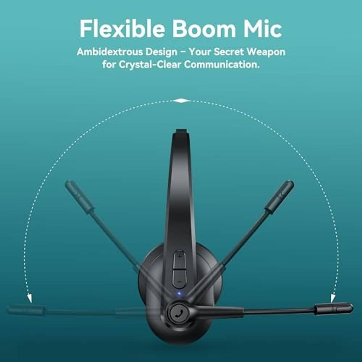 Black single-ear Bluetooth headset with flexible dual-side boom microphone