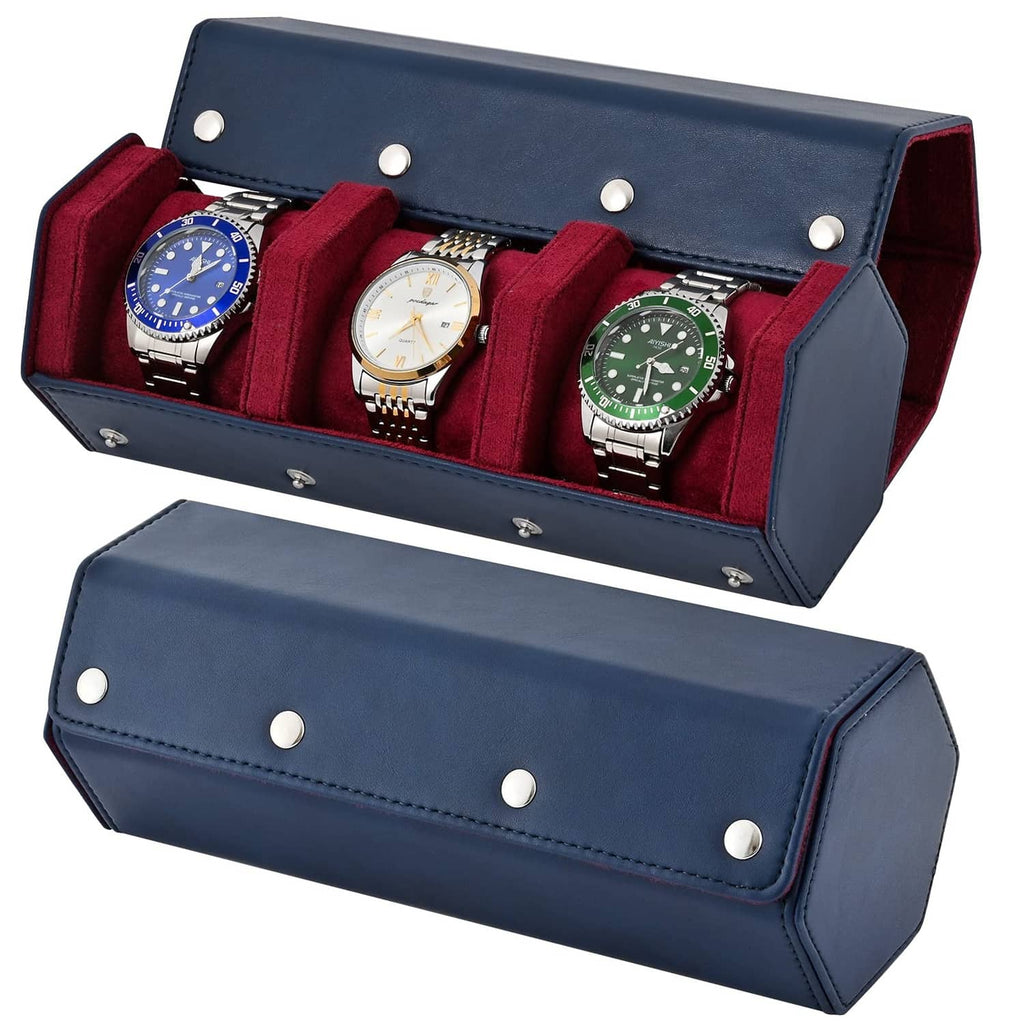 Dark blue leather watch roll travel case with three red velvet watch slots and silver snaps