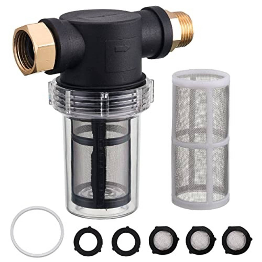 Pressure washer hose filter attachment with clear canister and separate mesh cartridge