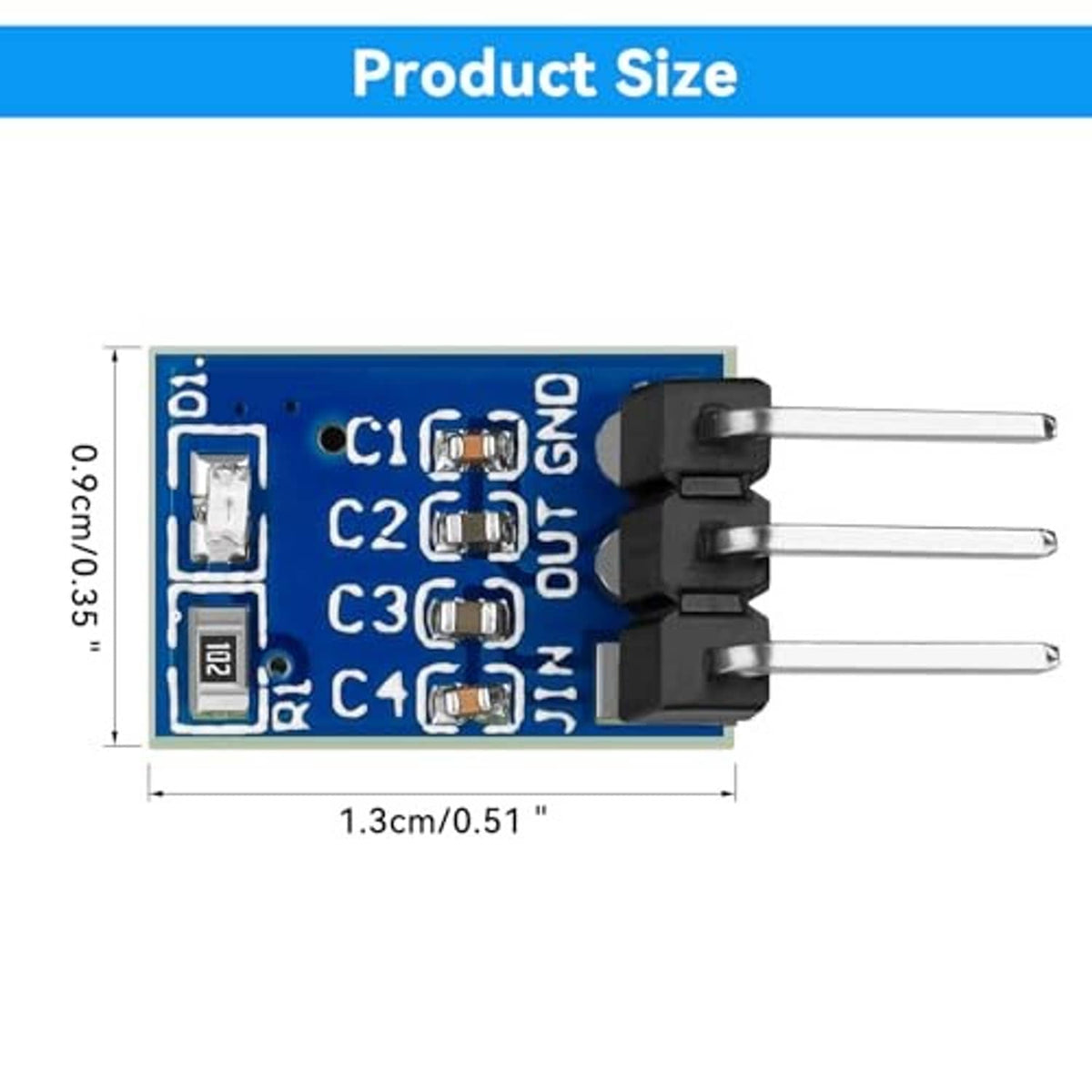 AMS1117-3.3 regulator module size diagram with dimensions and three-pin spacing