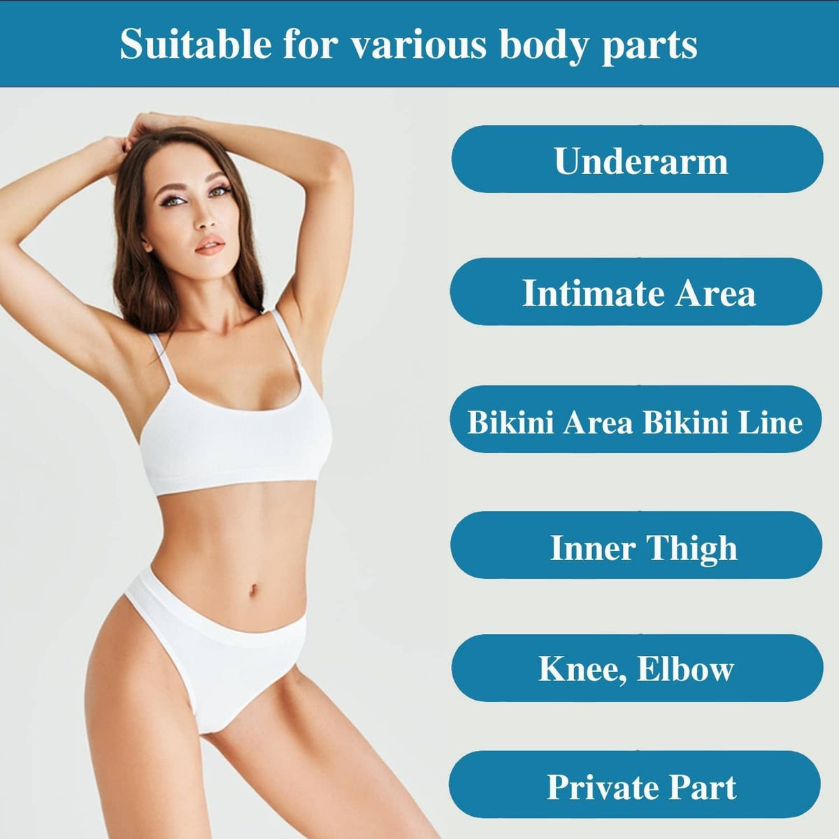 Woman applying skin lightening cream to underarm, bikini, and intimate body areas