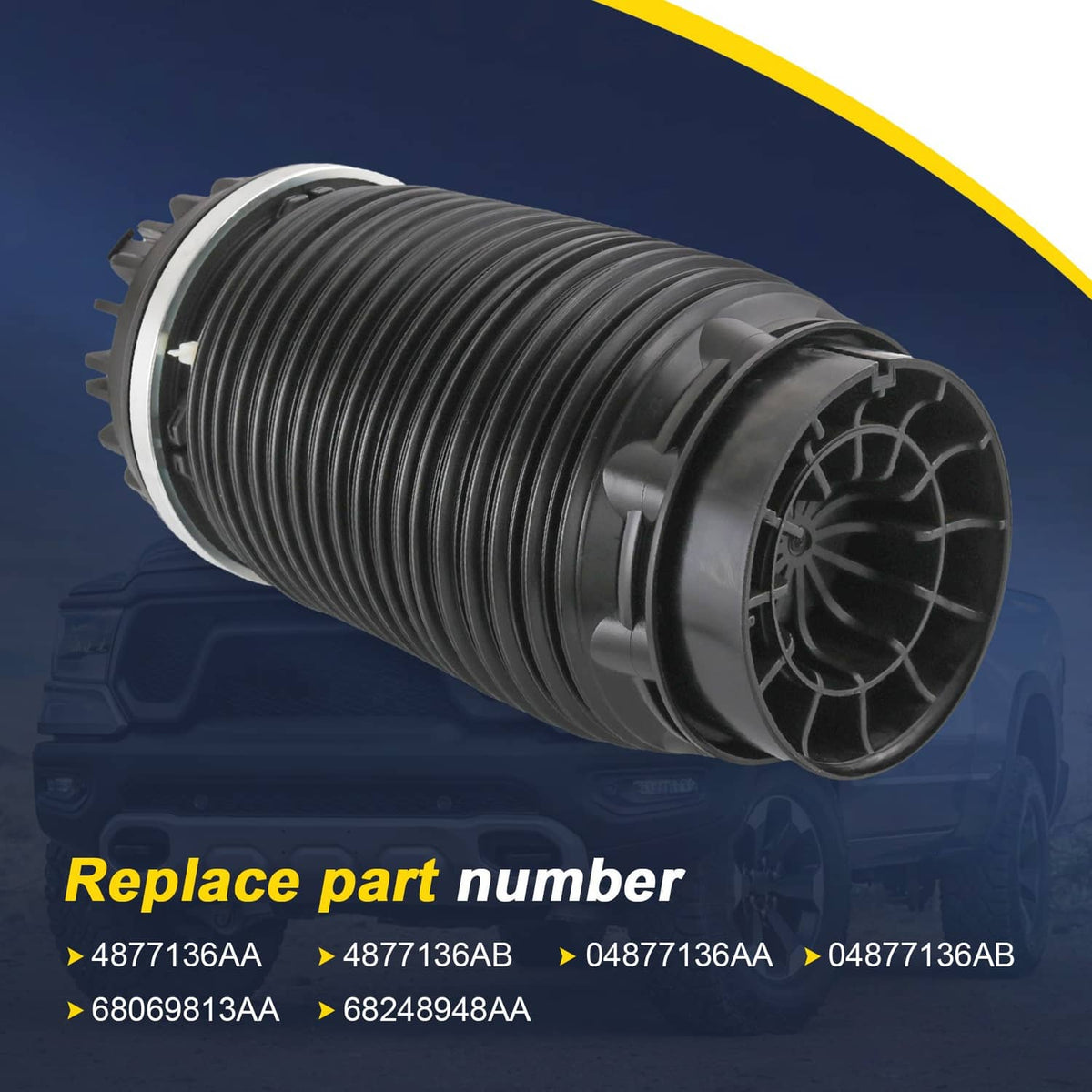 Close-up of black ribbed air suspension spring bag with metal mounting ring and side fins