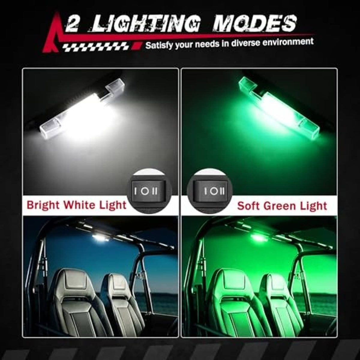 LED dome light bar showing bright white and soft green light modes