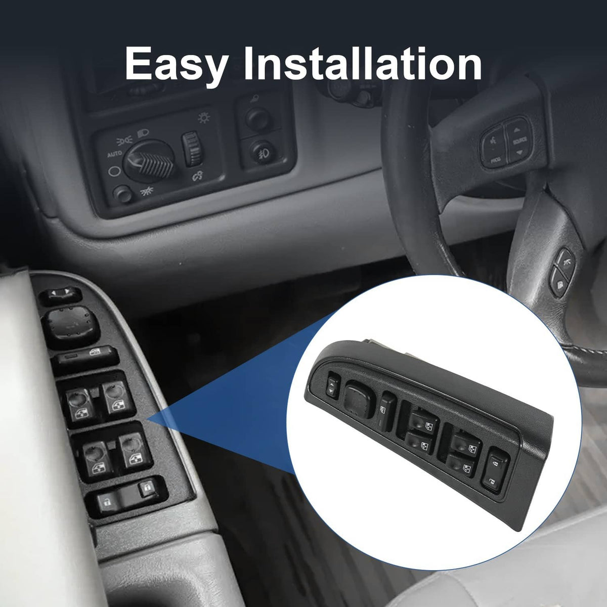 Power window switch panel shown for installation in vehicle door