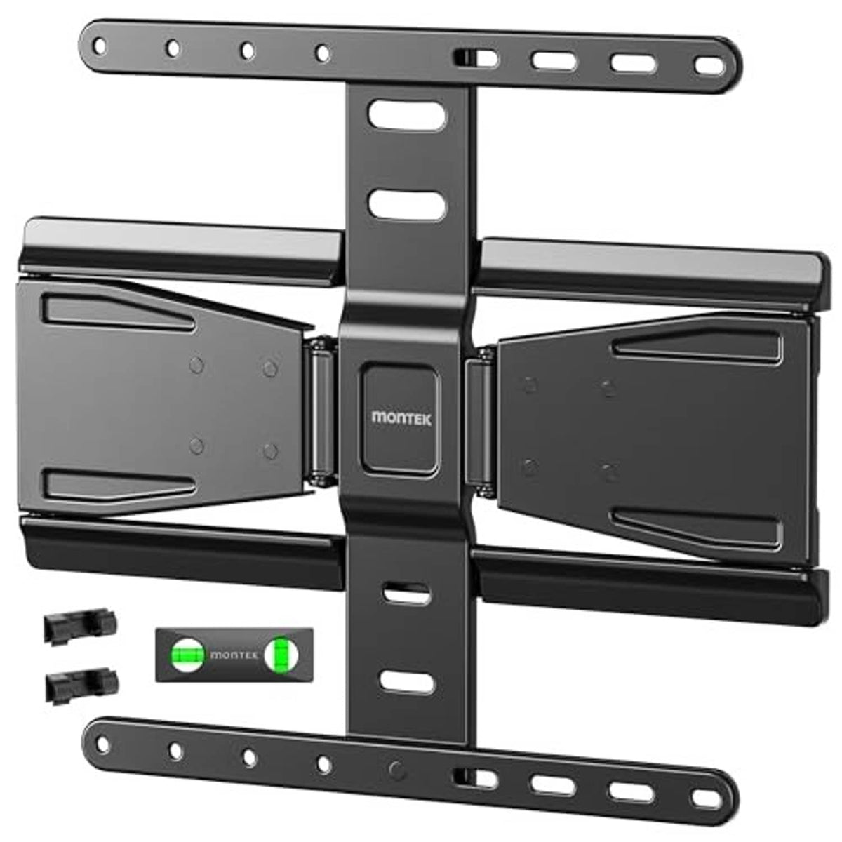 Ultra-slim TV wall mount bracket with flat rails, center plate, and arms, dark gray