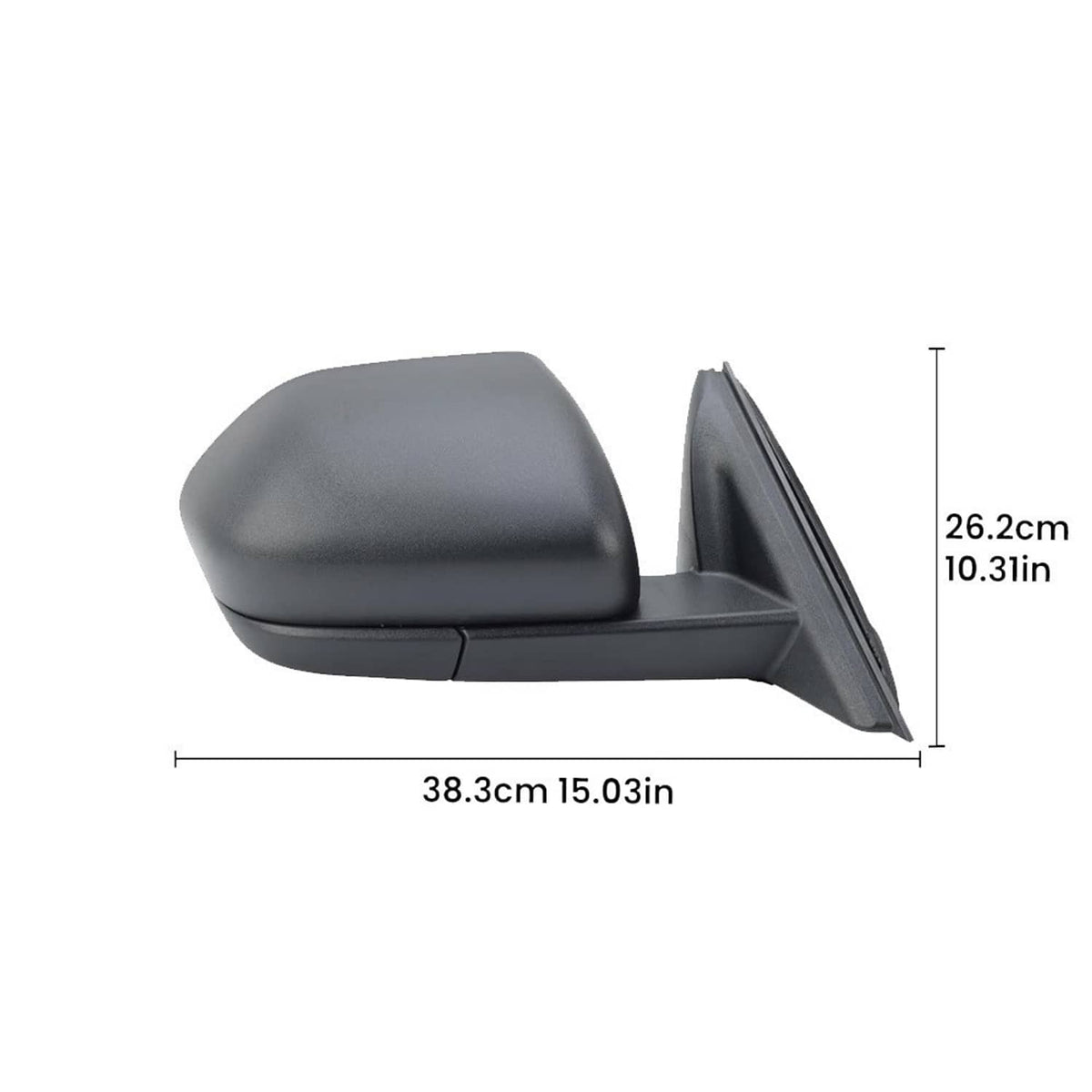 Right side heated mirror with black housing and foldable arm, angled side view