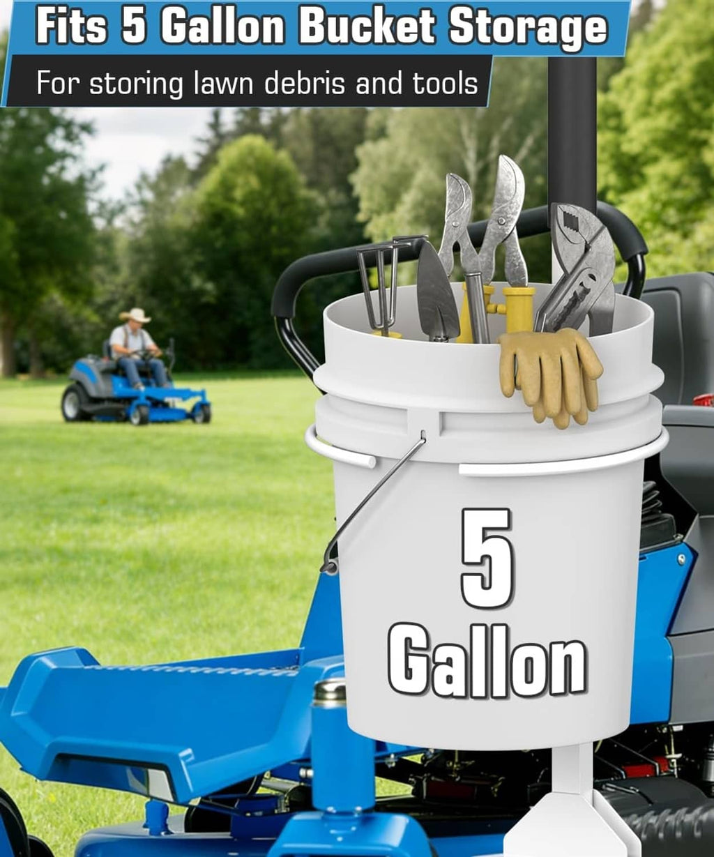 Bucket storage holder for lawn tools and debris, mounted on mower with white frame