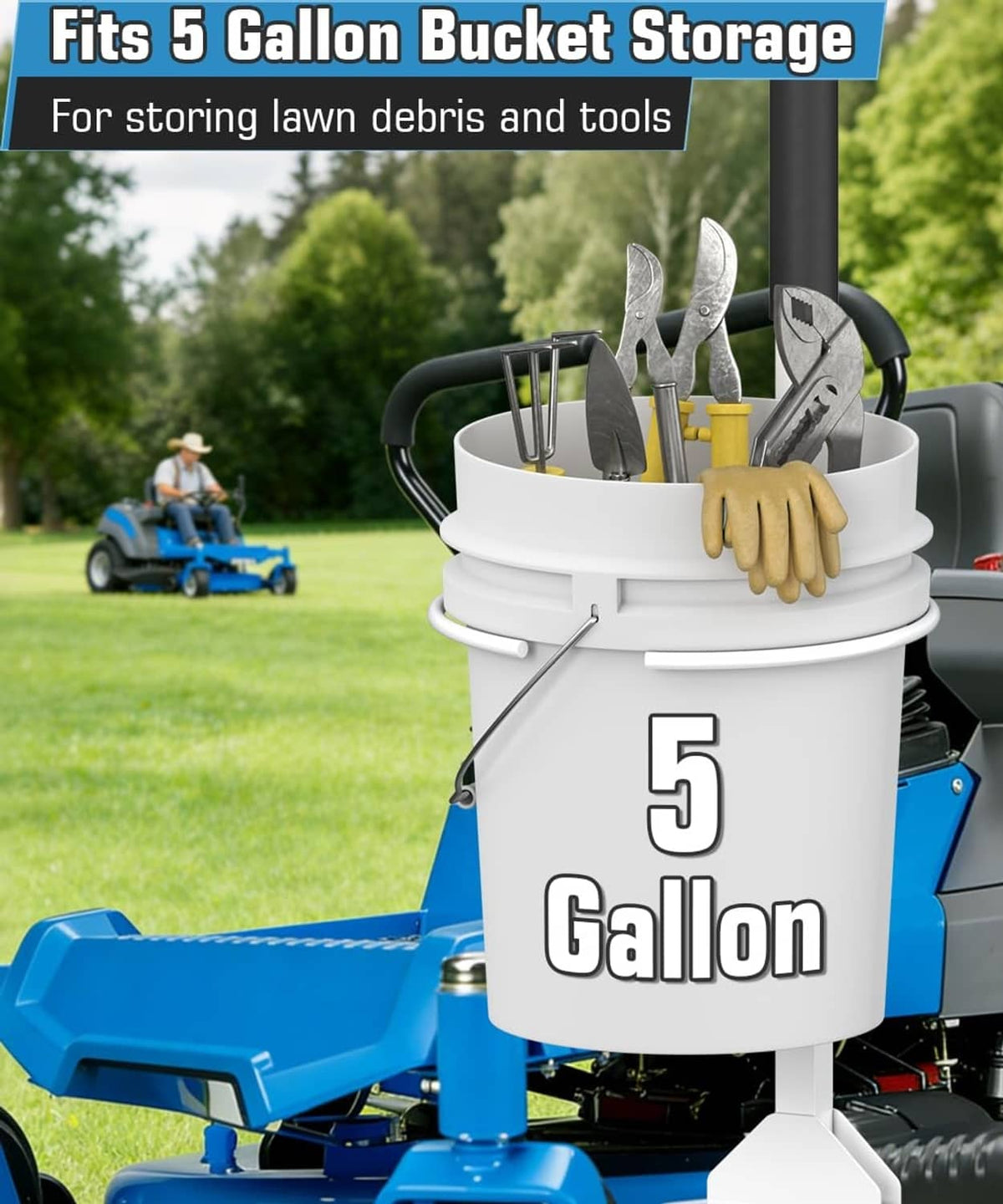 Bucket storage holder for lawn tools and debris, mounted on mower with white frame