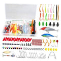 Open fishing lure tackle box with assorted soft baits, jigs, hooks, and swivels