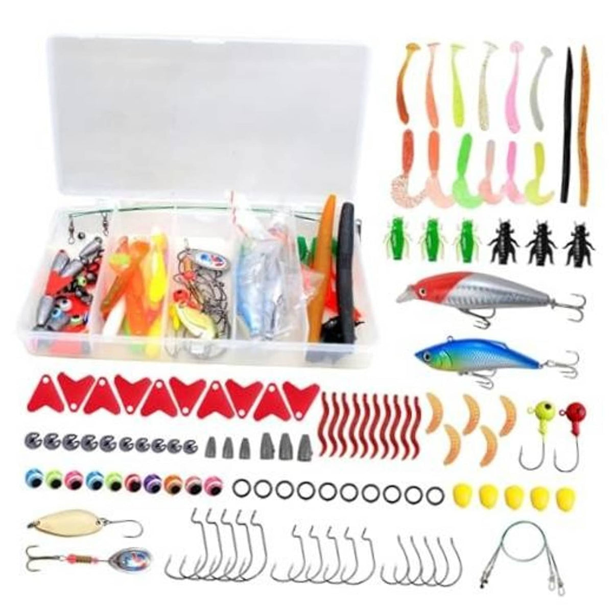 Open fishing lure tackle box with assorted soft baits, jigs, hooks, and swivels
