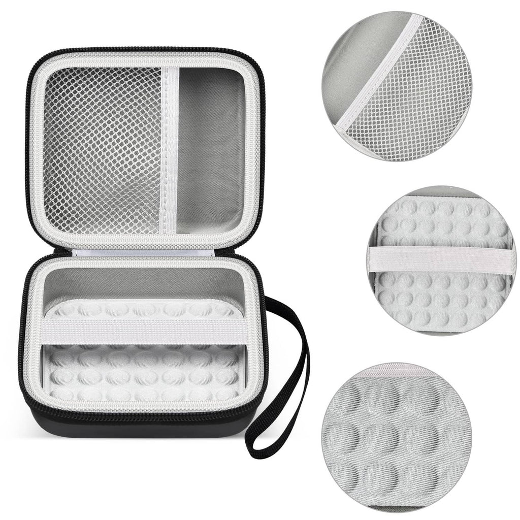Opened hard case with molded foam inserts, white mesh divider, and zipper