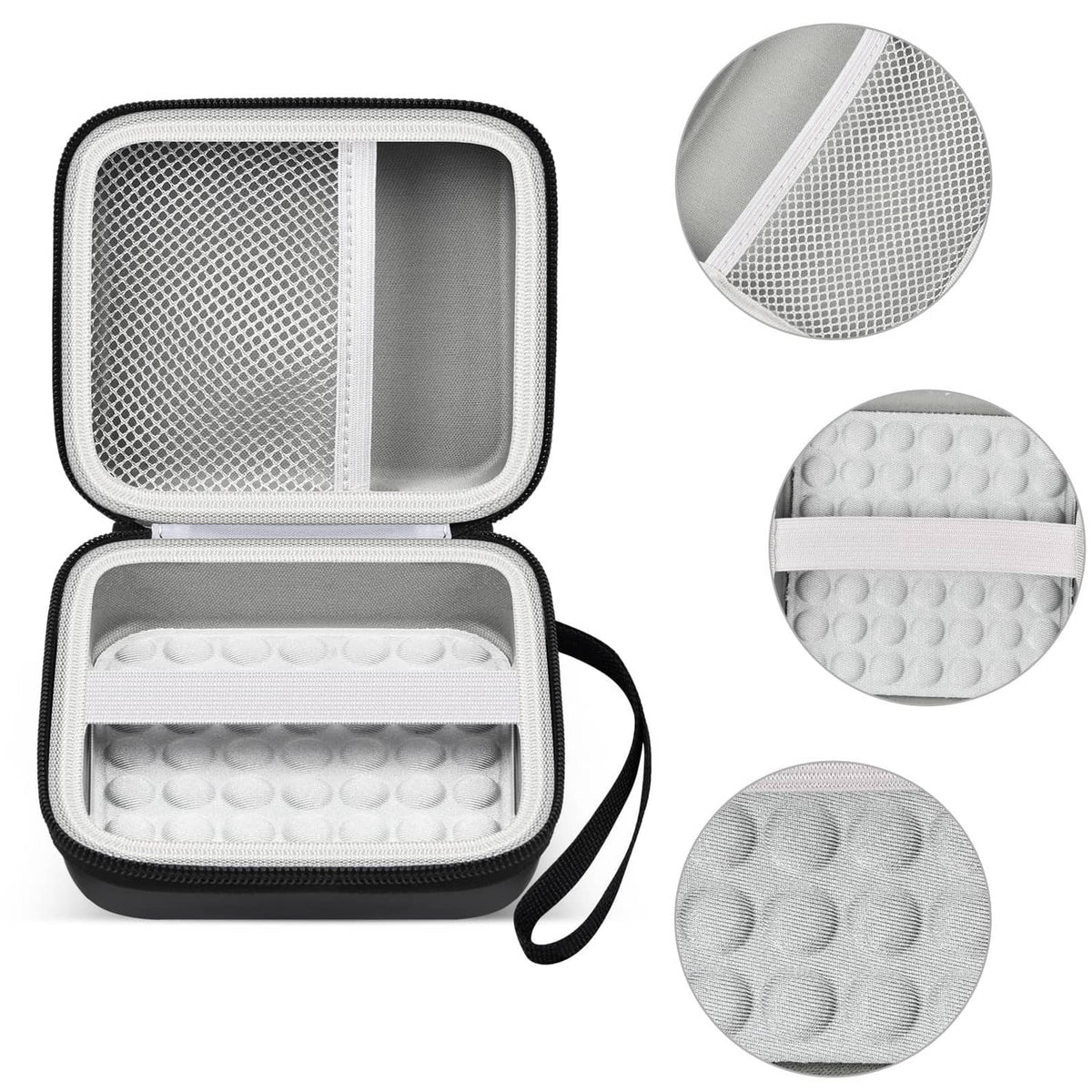 Opened hard case with molded foam inserts, white mesh divider, and zipper