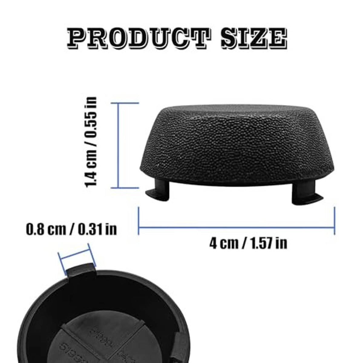 Black textured rear bumper dome cap with dimensions shown for size