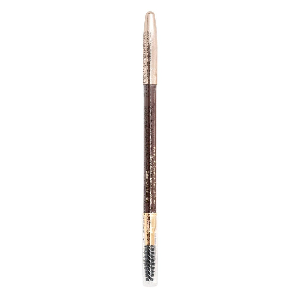 Dark brown eyebrow pencil standing upright with spoolie brush end