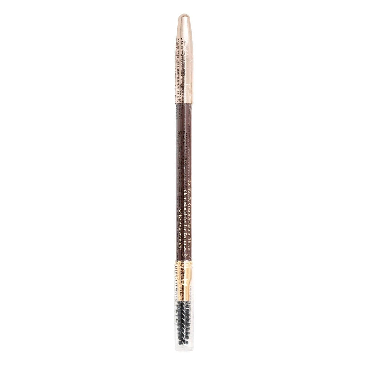 Dark brown eyebrow pencil standing upright with spoolie brush end