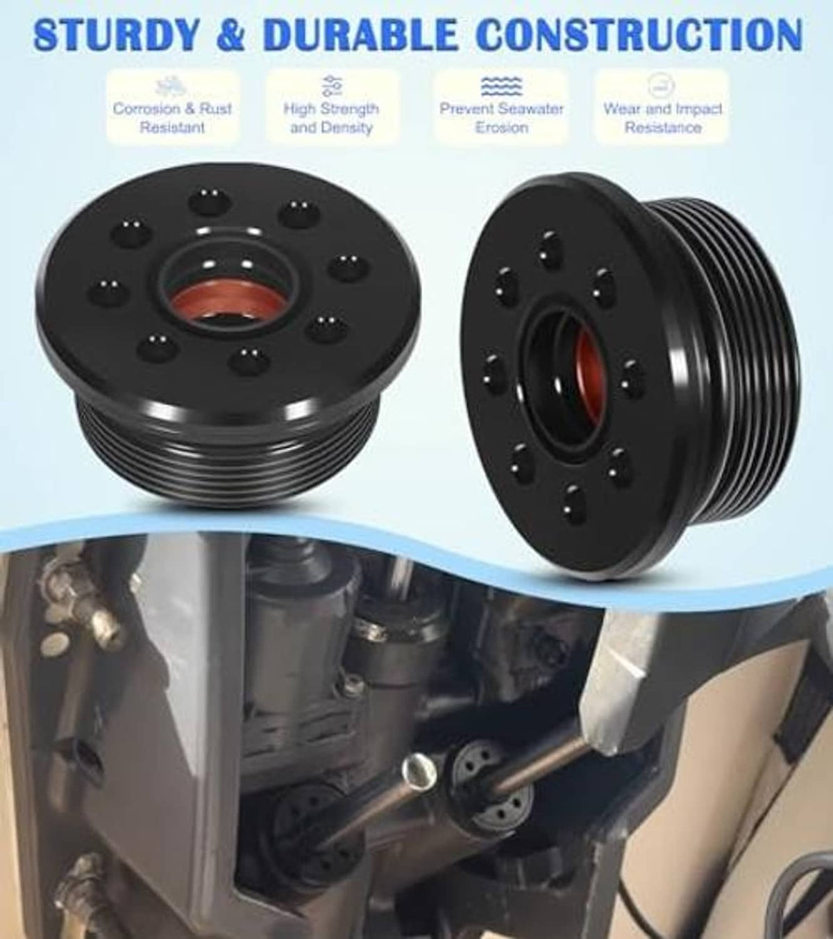 Black outboard trim cap cylinder with seal pair, mounted near outboard motor