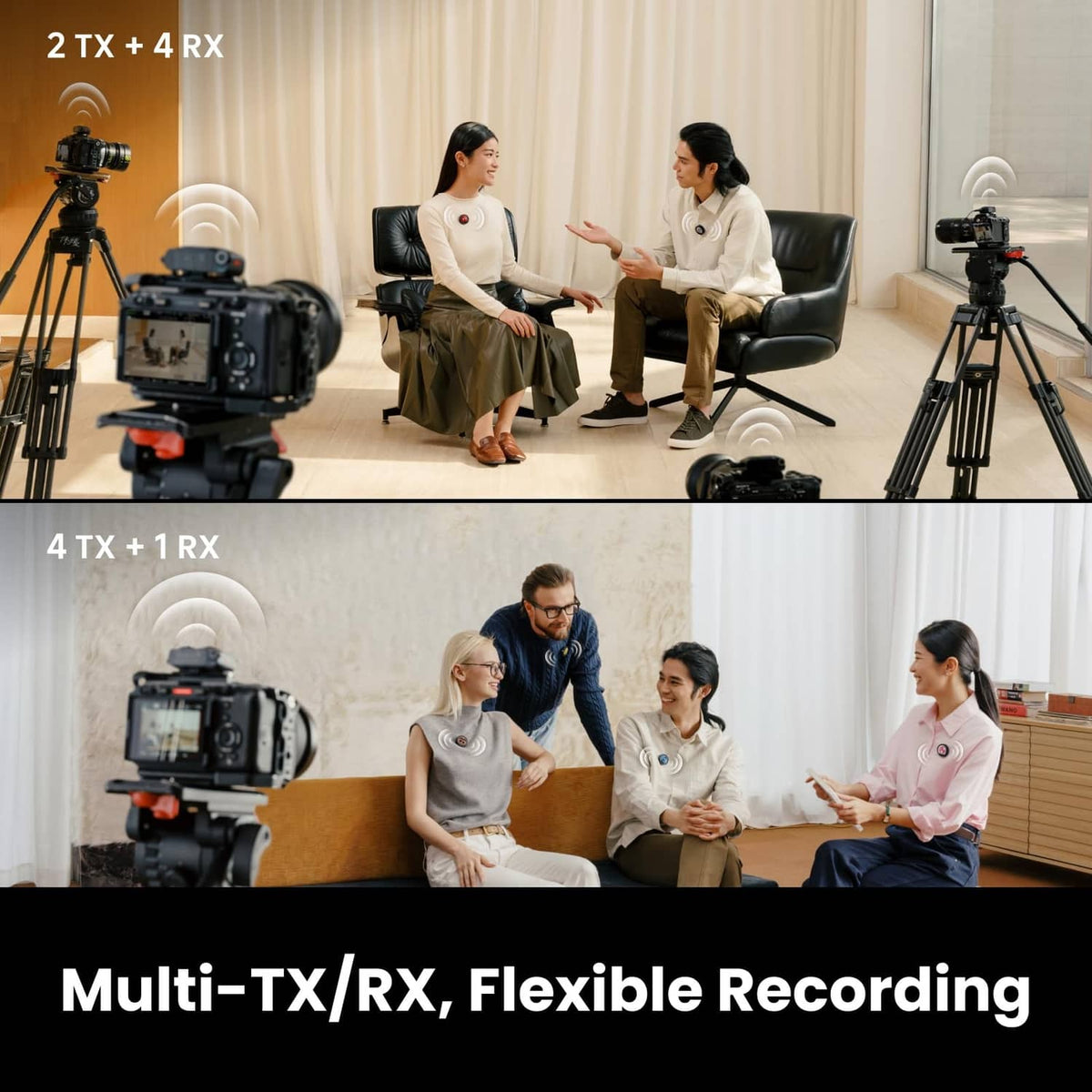 Wireless mini transmitter shown in multi-TX/RX flexible recording setup